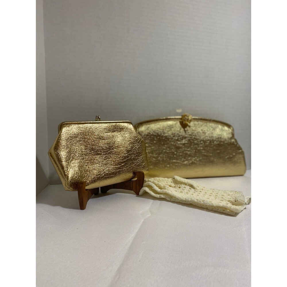 Set of 3 Vintage Metallic gold evening clutch+ large coin purse + gloves - Picture 3 of 12